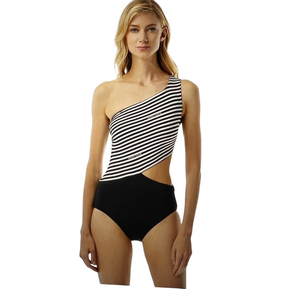 Michael Kors Black & White Stripe One-Shoulder Cut-Out One-Piece Swimsui… - Picture 1 of 12